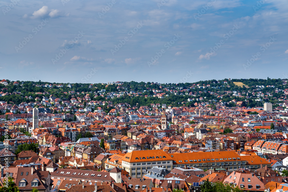 Germany, Houses and churches of stuttgart city district west from above in summer holiday travel season