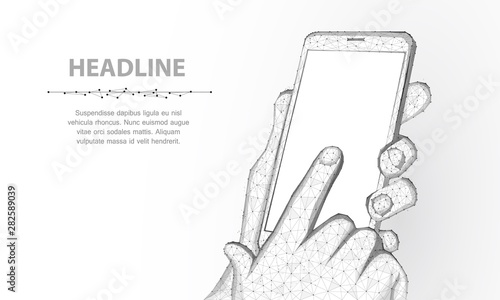 Mobile phone. Abstract polygonal wireframe closeup mobile phone with blank white empty screen in holding man hand and fingers. Illustration or background.