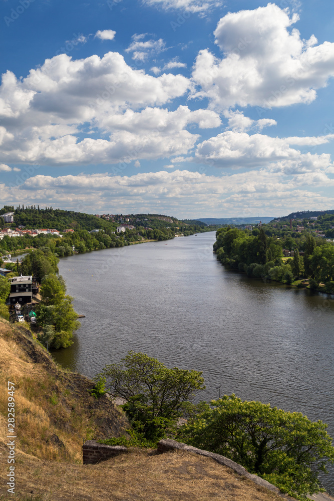 Vltava River in Prague, Czech Republic, viewed from the Vysehrad fort, on a sunny day in the summer.