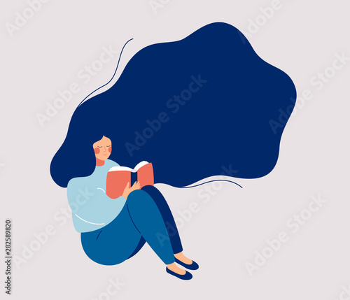 Young woman with hovering hair holds open book. Dreaming Girl sits on the floor and reads a book. Flat character vector illustration