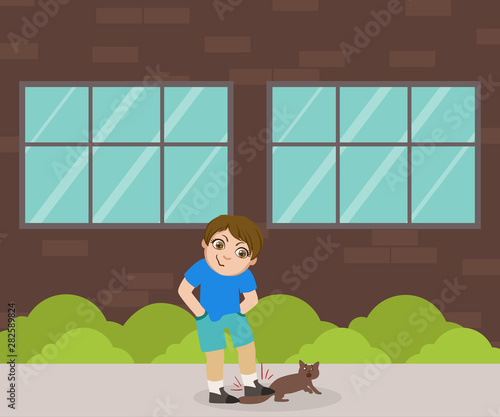 Cruelty Boy Going to Step on Tail of Cat, Bad Behavior Vector Illustration