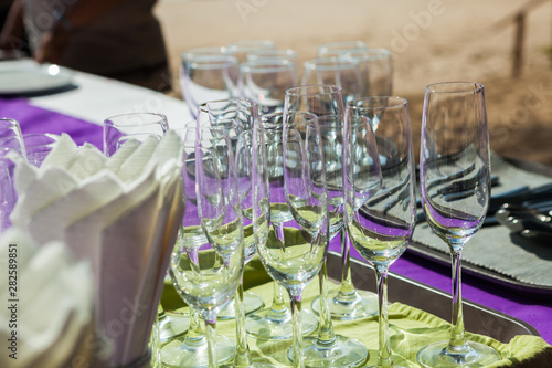 vineglasses on the wedding table in wedding dinner ceramony. photo