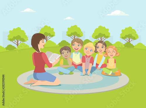 Group of Kids Sitting on Plaid Outdoors,Teacher Reading Book to Them Vector Illustration