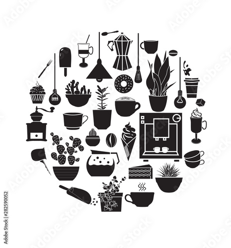 Set of vector icons with coffee, house plants ant sweets