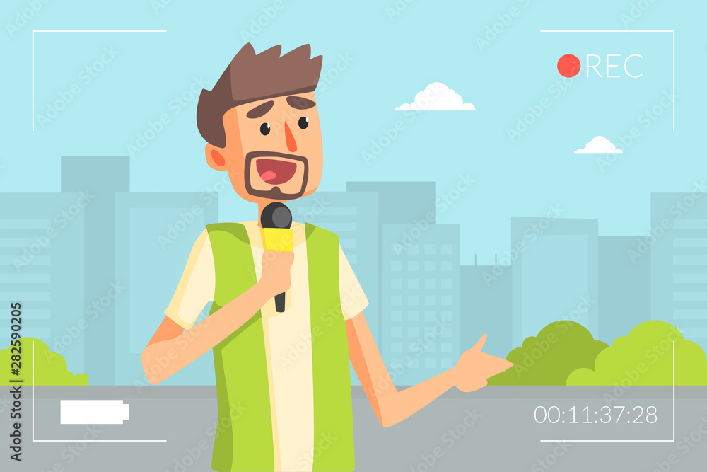 Male Reporter Doing Report with Microphone, Journalist Presenting Live News Vector Illustration Male Reporter Doing Report with Microphone, Journalist Presenting Live News Vector Illustration