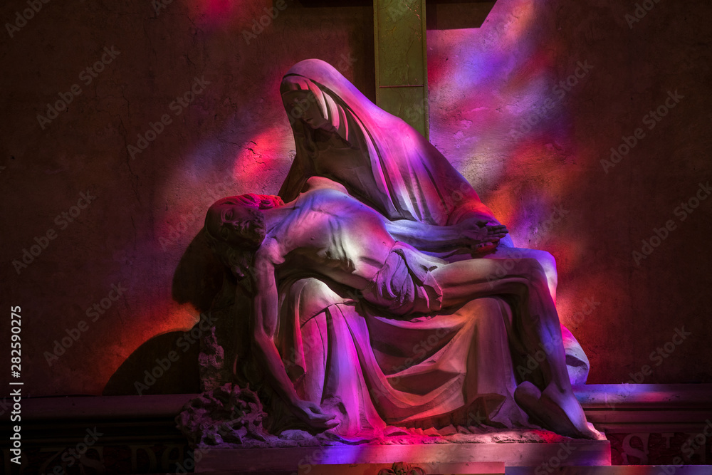  Pieta in Hues of Purple and red - symbolic reference to the color of the wine in the Collegiale church of St Emilion, France
