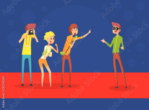 Journalists Interviewing Celebrity, Photorapher Making Photos of Male Famous Person, Mass Media, News Reporter, Paparazzi Vector Illustration photo