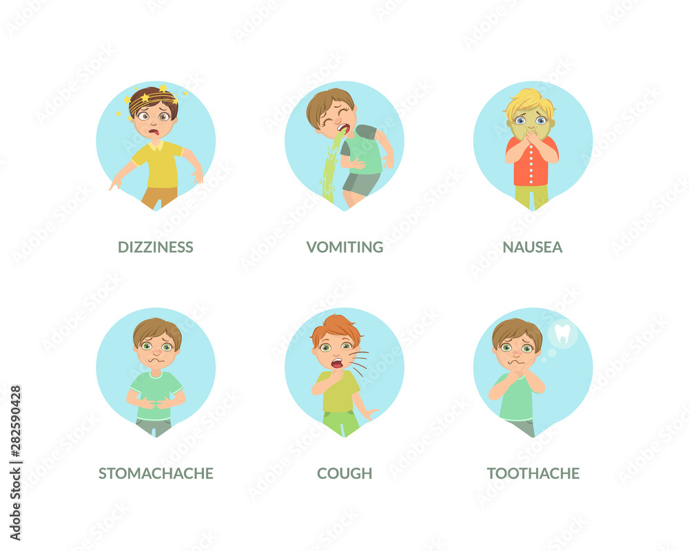 Cute Boy Suffering from Different Symptoms Set, Dizziness, Vomiting, Nausea, Stomach Ache, Cough, Toothache Vector Illustration in Fla Style Cute Boy Suffering from Different Symptoms Set, Dizziness, Vomiting, Nausea, Stomach Ache, Cough, Toothache Vector Illustration in Fla Style