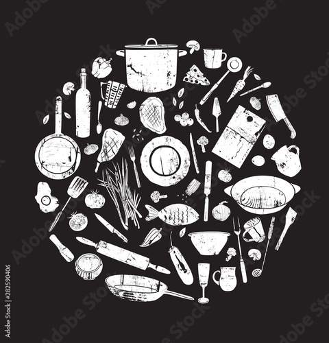 Vintage Elements for Restaurant Menu or food Package. Healthy Food. Vegetables, Fish, Meat, Spices and Utensils Hand Drawn. Organic Food Set. Cookery Retro Circle Background. Vector illustration.