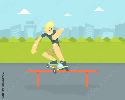 Teen Boy in Baseball Cap Riding Skateboard, Skateboarder Doing Jumping Trick Vector Illustration
