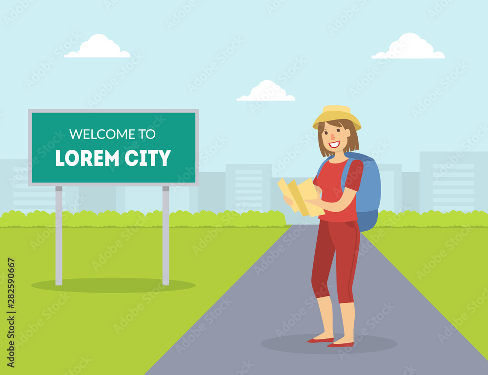Female HitchhikerTraveling with Backpack and Map, Girl Trying to Stop Car on Highway By Hand, Person Travelling By Autostop Vector Illustration Female HitchhikerTraveling with Backpack and Map, Girl Trying to Stop Car on Highway By Hand, Person Travelling By Autostop Vector Illustration