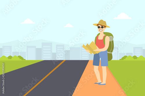 Male Hitchhiker Traveling with Backpack and Map, Guy Trying to Stop Car on Highway By Hand, Person Travelling By Autostop Vector Illustration