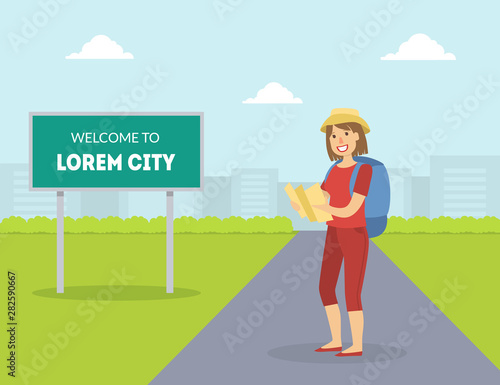 Female HitchhikerTraveling with Backpack and Map, Girl Trying to Stop Car on Highway By Hand, Person Travelling By Autostop Vector Illustration