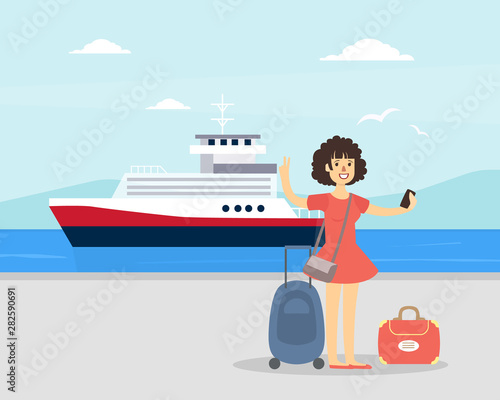 Young Woman with Luggage Standing in Front of Cruise Liner, Sea Travel and Vacation Vector Illustration
