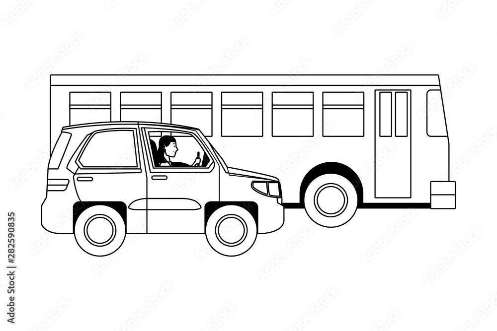 People driving vehicles in the traffic in black and white
