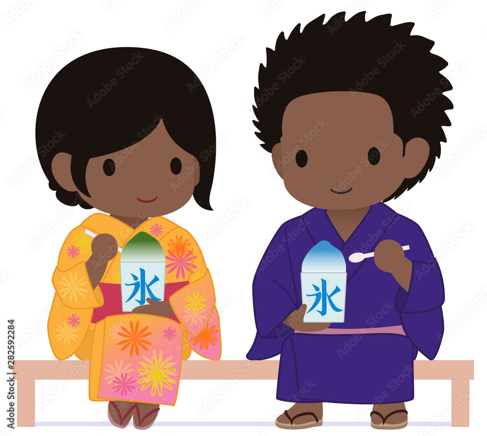 可愛い旅人たち ベンチでかき氷 浴衣 タイプe Stock イラスト Adobe Stock