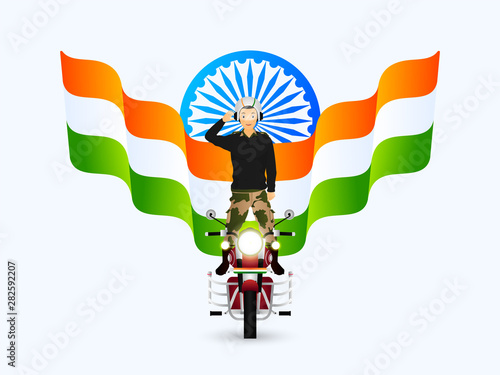 Saluting Army officer performing stunt on bullet with Indian wavy flag and Ashoka Wheel illustration for India National Festival celebration.