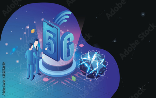 Isometric illustration of an engineer or developer establish wireless 5g network for internet network connectivity concept. 3D responsive landing page design.