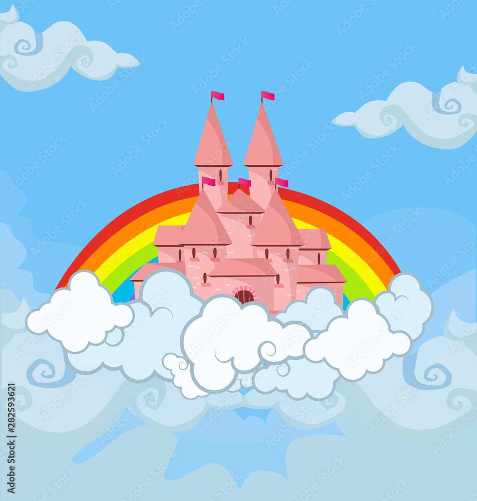 Fantasy princess castle in cloudy sky with rainbow