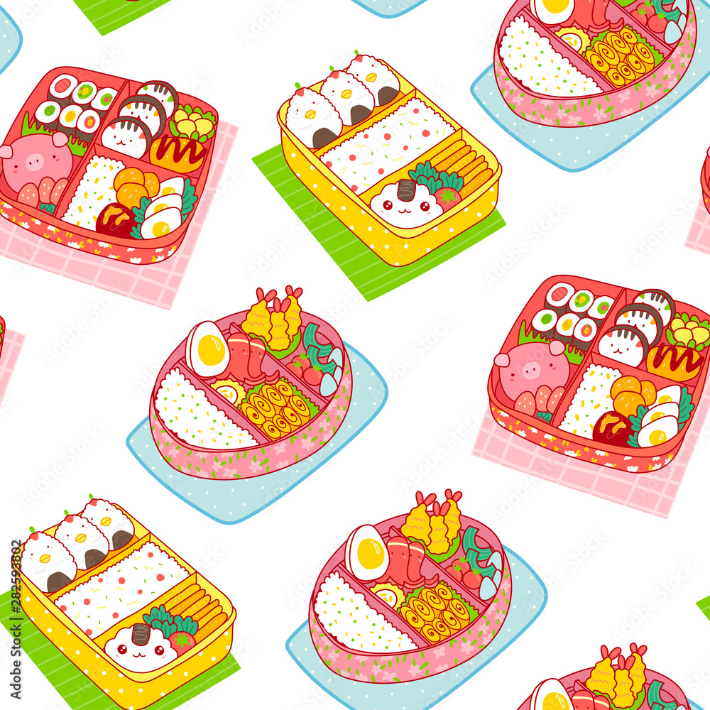 Hand drawn bento boxes. Japanese lunch boxes. Various traditional asian  food. Take-out or home-packed meal. Colored trendy vector seamless pattern.  Kawaii anime design. Cartoon style Stock Vector | Adobe Stock