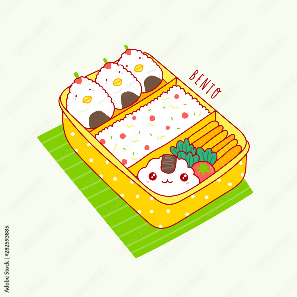 Hand drawn bento box. Japanese lunch box. Various traditional asian