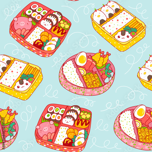 Hand drawn bento boxes. Japanese lunch boxes. Various traditional asian food. Take-out or home-packed meal. Colored trendy vector seamless pattern. Kawaii anime design. Cartoon style