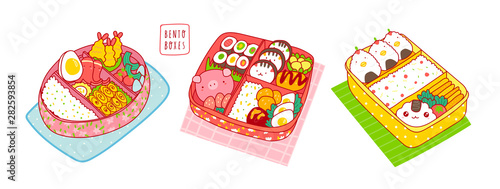 Hand drawn bento boxes. Japanese lunch box. Various traditional asian food. Take-out or home-packed meal. Set of three colored trendy vector illustrations. Kawaii anime design. Cartoon style