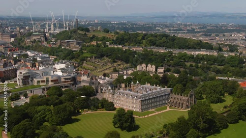 Aerial pull back view of Holyroodhouse palace in Edinburgh photo