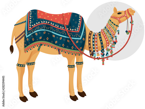 Decorative camel character on white background.