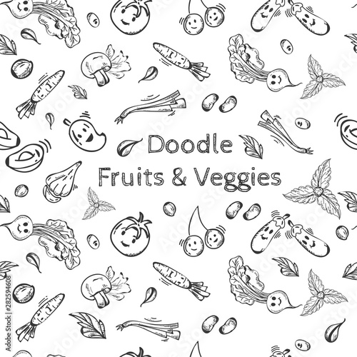 Black doodle style fruit and veggies background. © Abdul Qaiyoom