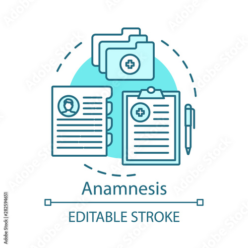 Patient anamnesis concept icon. Clinical service idea thin line illustration. Therapy. Case history, tests, medical recipes. Healthcare database. Vector isolated outline drawing. Editable stroke