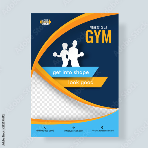 Fitness Flyer or poster design with silhouette of man and woman for advertising design.