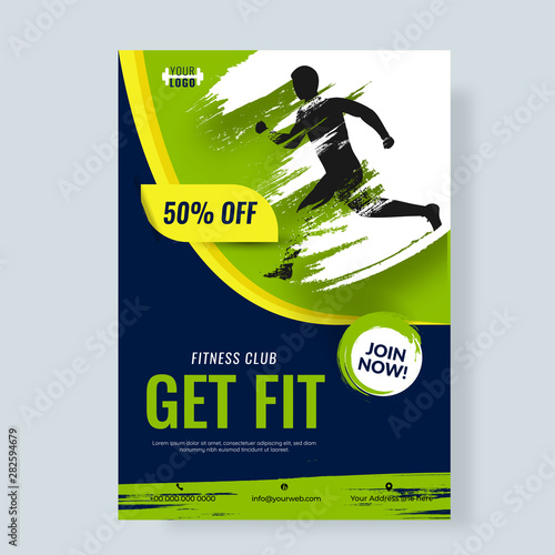 Silhouette of man for advertising design of Fitness Flyer or poster with 50% off.