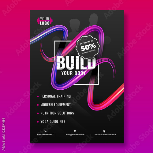 Build Your Body template design with 50% discount offer on colorful lighting effect spiral waving abstract background.