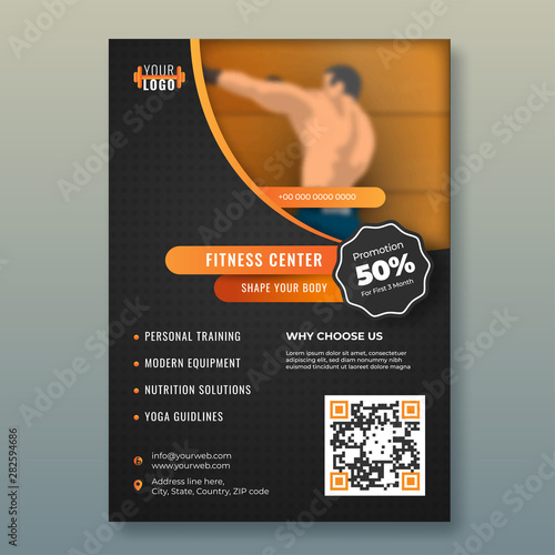 Fitness center web poster or template design with 50% discount offer and illustration man fitness workout on abstract background.