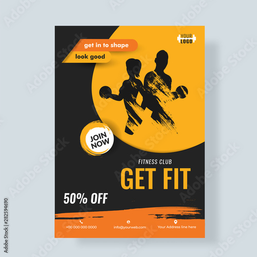 Silhouette of man and woman for advertising design of Fitness Flyer or poster with 50% off.