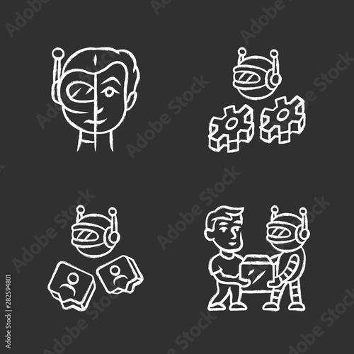 Software bot chalk icons set. Socialbot, transactional, impersonator robots. Software program. Network communication. Artificial intelligence. Cyborgs, AI. Isolated vector chalkboard illustrations