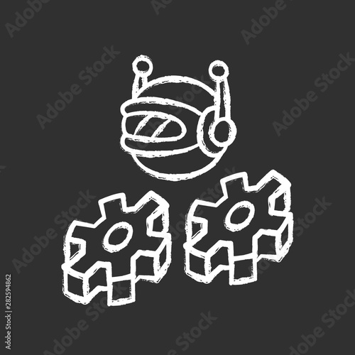 Work bot chalk icon. Software application. Optimizer robot with cogwheels. Cyborgs, futuristic AI. Artificial intelligence. Innovation machine learning. Isolated vector chalkboard illustration