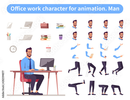 Businessman front view animated flat vector character design. Office worker character animation creation cartoon set. Top manager, ceo constructor with various face emotion, hand gestures, legs kit