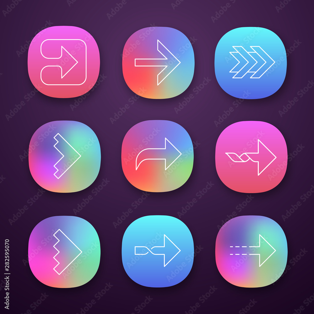 Right arrows app icons set. Forward, curved, dotted, twisted next, forward arrows. Arrowhead indicating rightward. UI/UX user interface. Web or mobile applications. Vector isolated illustrations Right arrows app icons set. Forward, curved, dotted, twisted next, forward arrows. Arrowhead indicating rightward. UI/UX user interface. Web or mobile applications. Vector isolated illustrations
