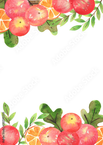 Apples and slice of orange with autumn leaves watercolor hand painting for decoration on autumn events.