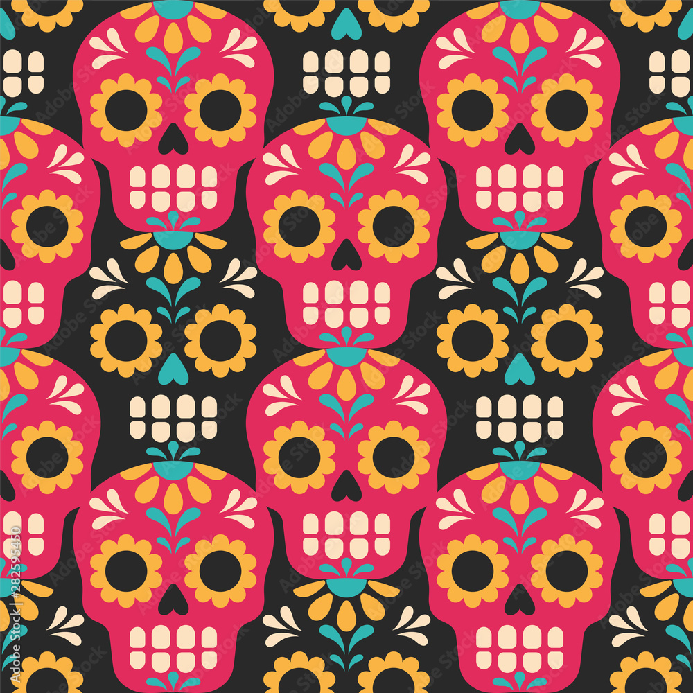 Dia de los Muertos pattern. Vector seamless pattern with traditional Mexican sugar skulls in trendy flat style. Isolated on black background.