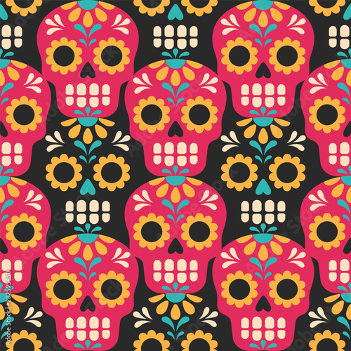 Dia de los Muertos pattern. Vector seamless pattern with traditional Mexican sugar skulls in trendy flat style. Isolated on black background.