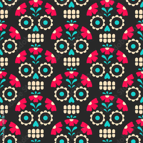Dia de los Muertos pattern. Vector seamless pattern with traditional Mexican sugar skulls in trendy flat style. Isolated on black background.