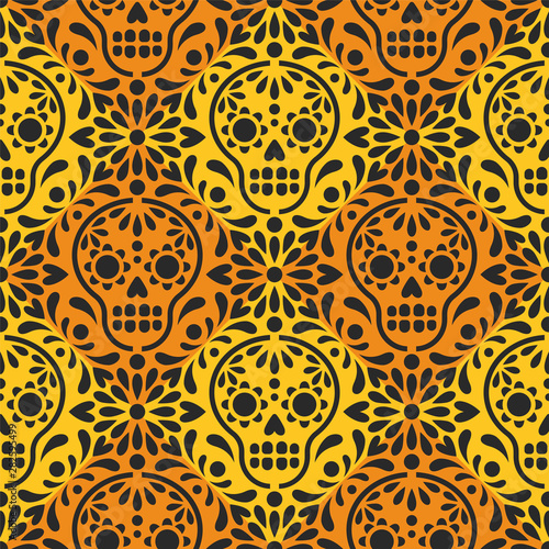 Dia de los Muertos. Vector seamless purple pattern with Mexican sugar skulls and flowers. Paper cutting imitation. 