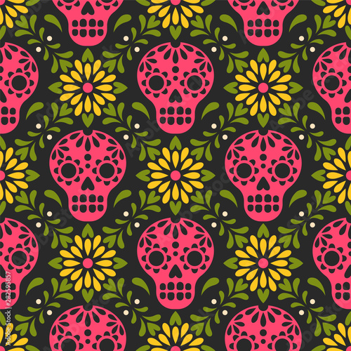 Dia de los Muertos. Vector seamless pattern with Mexican sugar skulls and flowers. Isolated on black background