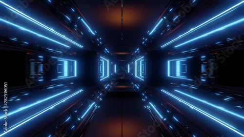 Fototapeta Naklejka Na Ścianę i Meble -  scifi space tunnel corridor with glowing shiny lights 3d illustration background