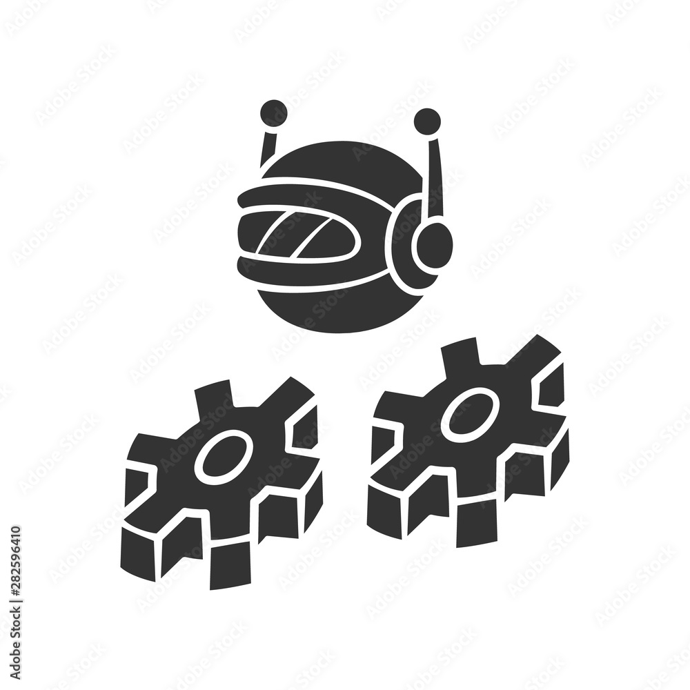 Fototapeta premium Work bot glyph icon. Software application. Optimizer robot with cogwheels. Artificial intelligence. Innovation machine learning, AI. Silhouette symbol. Negative space. Vector isolated illustration
