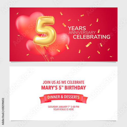 5 years anniversary invitation vector illustration. Design template card