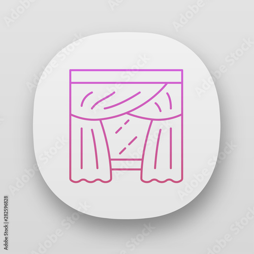 Priscilla curtains app icon. Panel pair with attached valance hanging on curtain rod. Home interior decor. UI/UX user interface. Web or mobile applications. Vector isolated illustrations